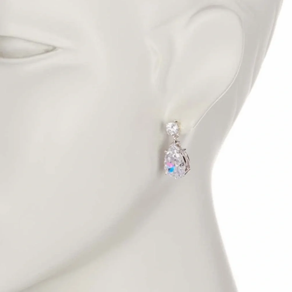Round & Pear CZ Dangle Earrings- clear, silver - Picture 3 of 4